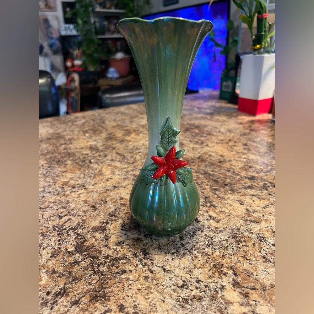 Green Ceramic Vase with Red Flower Accent